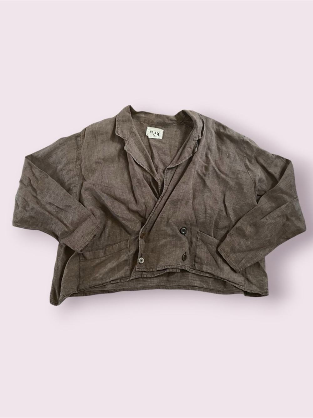 FLAX Linen Blazer Jacket Women's Size M Brown Button Minimalist Crop Boxy Boho